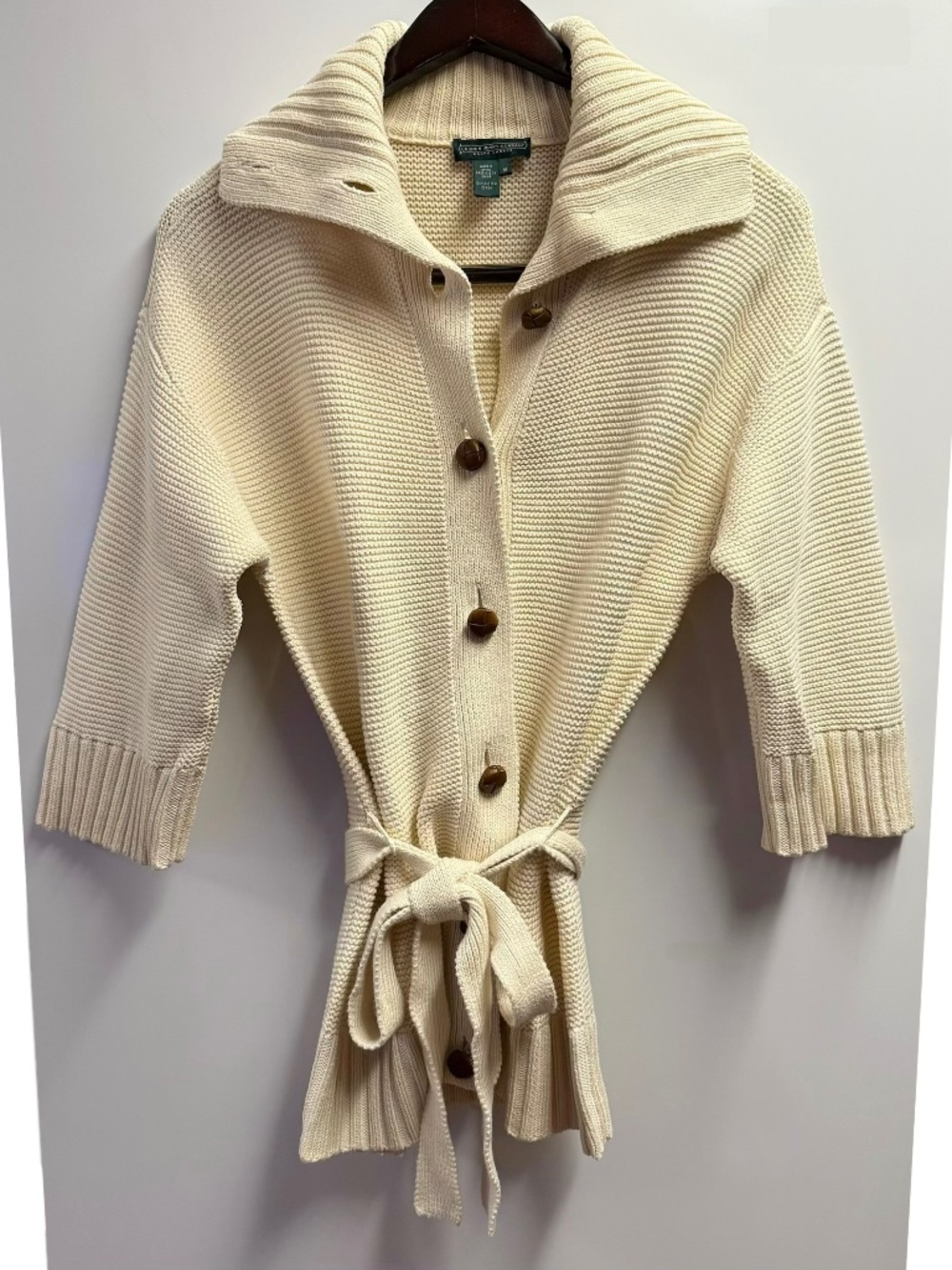 Lauren Jeans Co. Ralph Lauren Cream Shawl Collar Belted Cotton Cardigan Sweater